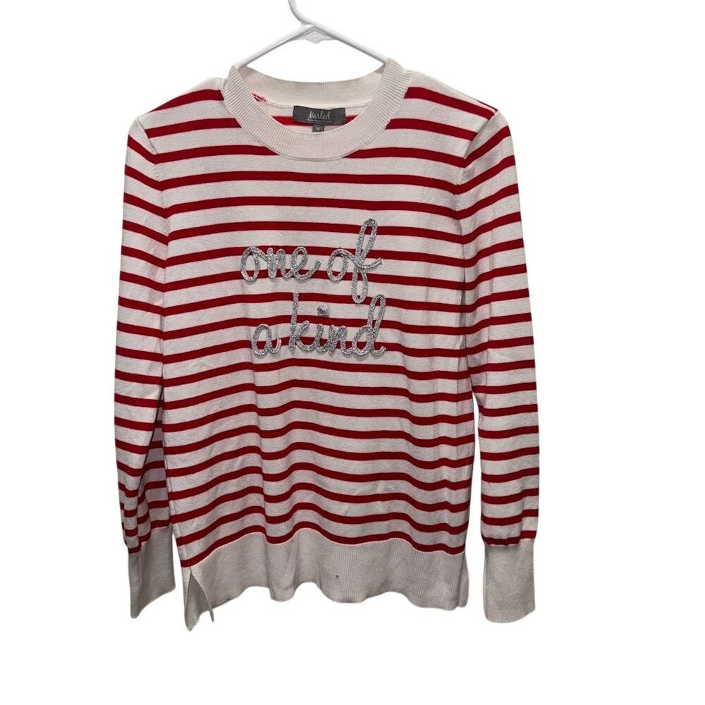 Marled Women's M Red &‎ White Striped Pullover Sweater Long Sleeve